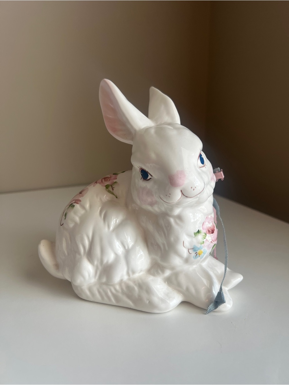 White Ceramic Bunny Figurine with Pink Floral Accents